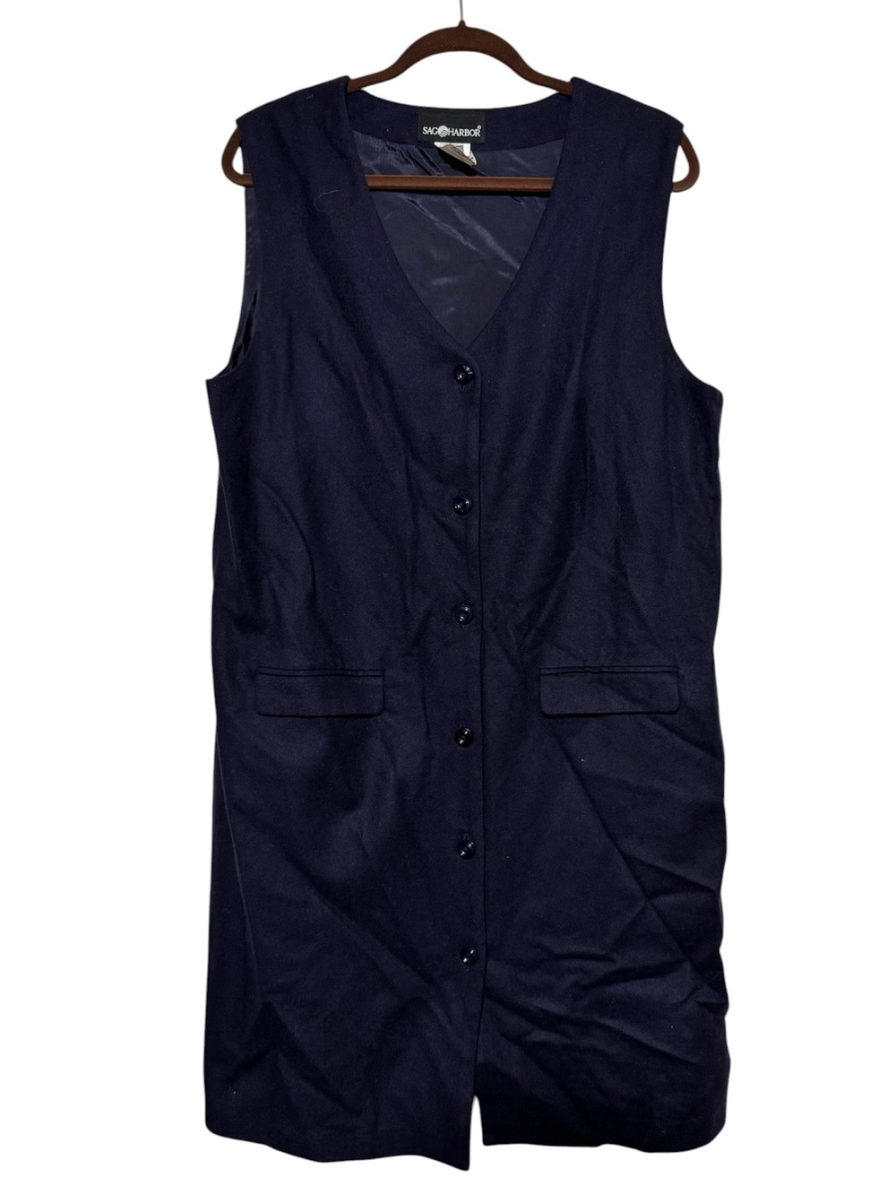 Vintage 100% Wool Blazer‎ Vest Dress Size 16 Navy Blue Minimal Capsule Old Money
